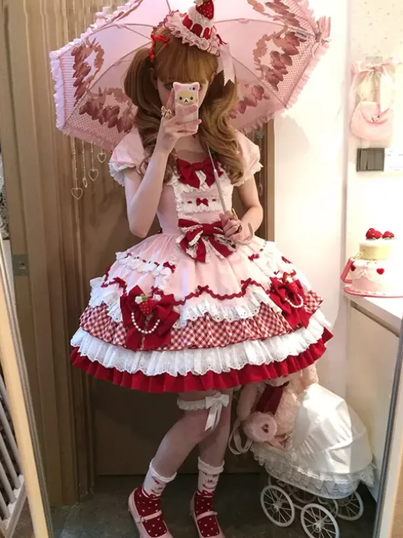 Sweet Lolita Dress Pink Short Sleeves Lace Bowknot Polyester Kawaii Fashion