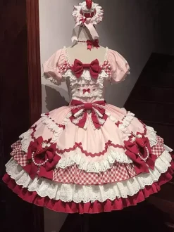 Sweet Lolita Dress Pink Short Sleeves Lace Bowknot Polyester Kawaii Fashion