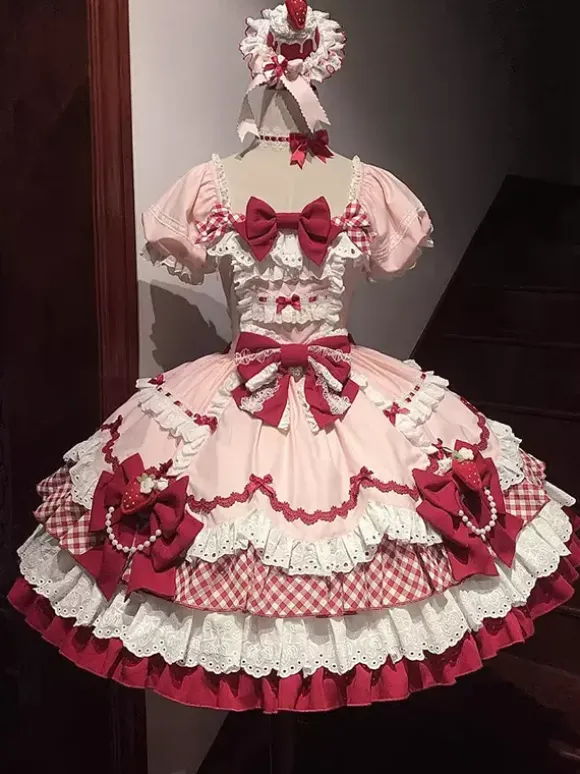 Sweet Lolita Dress Pink Short Sleeves Lace Bowknot Polyester Kawaii Fashion