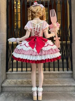 Sweet Lolita Dress Pink Short Sleeves Lace Bowknot Polyester Kawaii Fashion