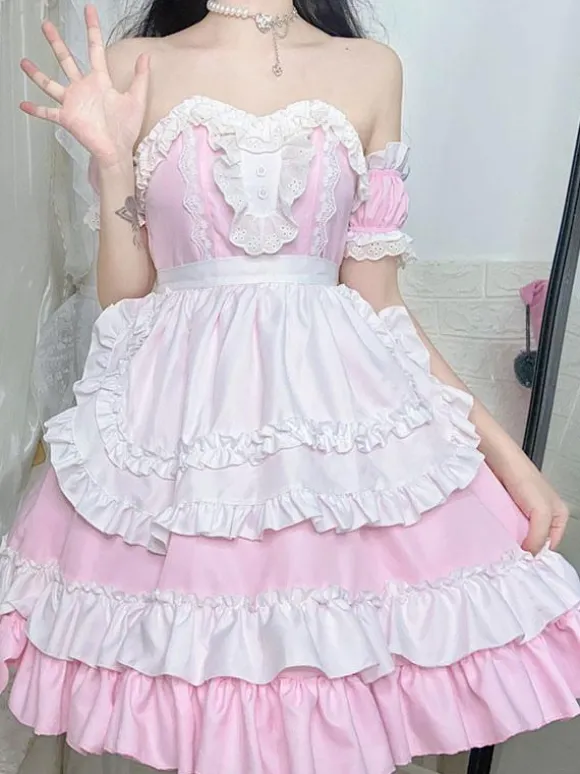 Sweet Lolita Dress Polyester Short Sleeves Ruffles Dress