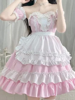 Sweet Lolita Dress Polyester Short Sleeves Ruffles Dress
