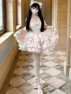 Sweet Lolita Dress Polyester Sleeveless Multi-layer Ruffle Bowknot Sweet Ballet Lolita Jsk