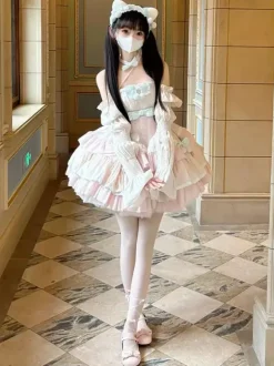 Sweet Lolita Dress Polyester Sleeveless Multi-layer Ruffle Bowknot Sweet Ballet Lolita Jsk