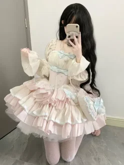 Sweet Lolita Dress Polyester Sleeveless Multi-layer Ruffle Bowknot Sweet Ballet Lolita Jsk