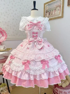 Sweet Lolita Dress Polyester Sleeveless Bows Hat Pink Lolita Dress
