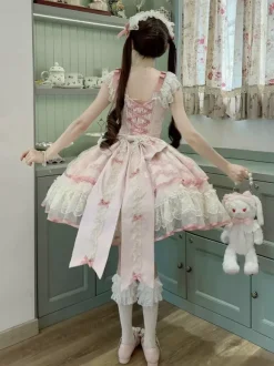 Sweet Lolita Dress Polyester Sleeveless Bows Sweet Jumper Skirt Pink Lolita Dress