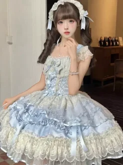 Sweet Lolita Dress Polyester Sleeveless Bows Sweet Jumper Skirt Pink Lolita Dress