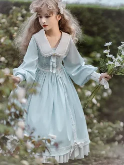 Sweet Lolita Dress Polyester Long Sleeves Ruffles Lace Bows Pink Sweet Lolita One Piece Dress