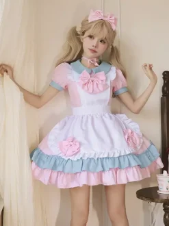 Sweet Lolita Dress Polyester Short Sleeves Ruffles Pink Lolita Dress