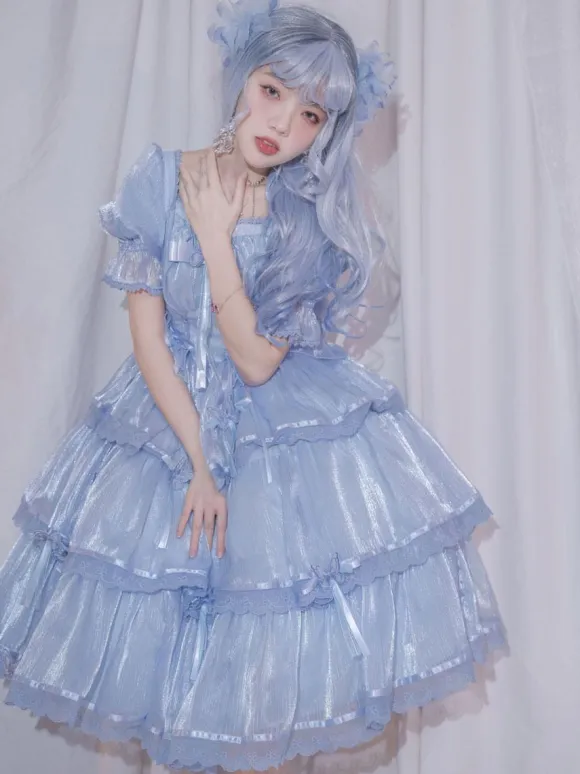 Sweet Lolita Dress Polyester Short Puff Sleeves Dress