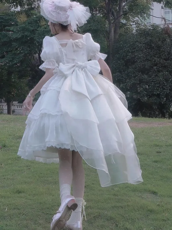 Sweet Lolita Dress Polyester Short Puff Sleeves Dress
