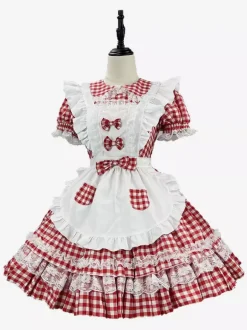 Sweet Lolita Dress Polyester Short Sleeves Lace Apron Sweet Red Lolita Dress