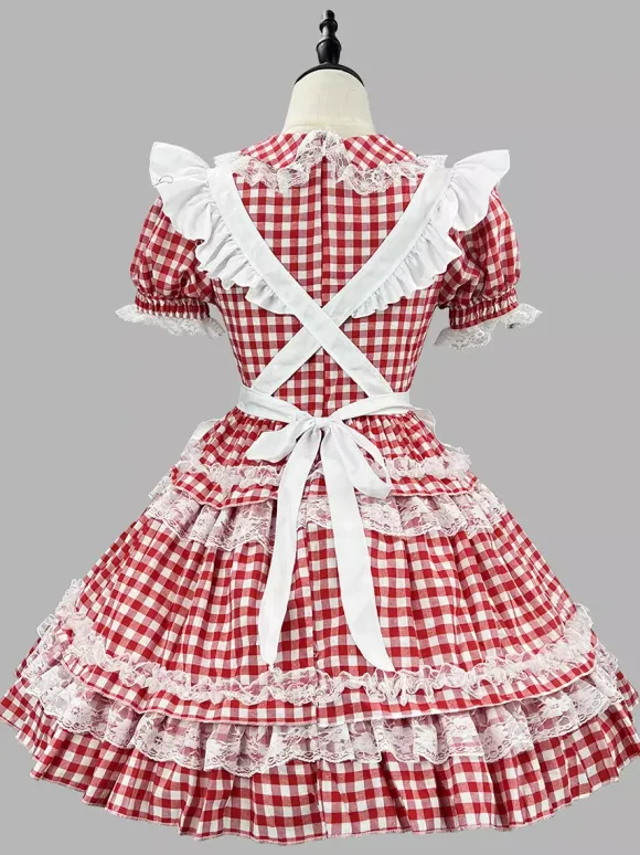 Sweet Lolita Dress Polyester Short Sleeves Lace Apron Sweet Red Lolita Dress