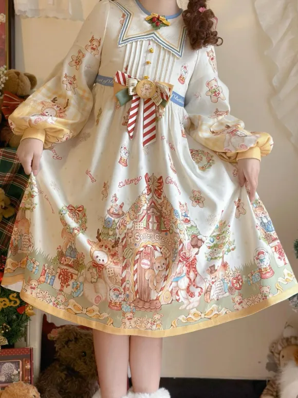 Sweet Lolita Dress Polyester Long Sleeves Bows Sweet Christmas Lolita Dress