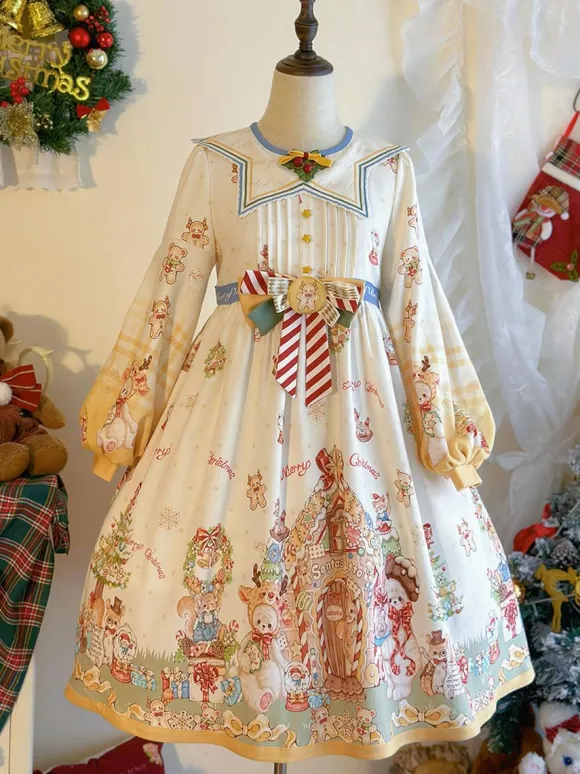 Sweet Lolita Dress Polyester Long Sleeves Bows Sweet Christmas Lolita Dress