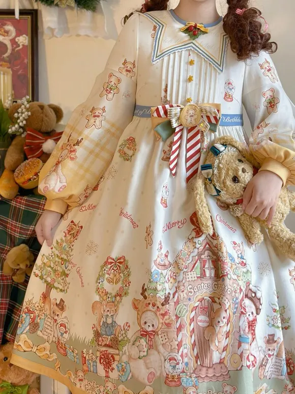 Sweet Lolita Dress Polyester Long Sleeves Bows Sweet Christmas Lolita Dress