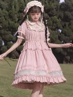 Sweet Lolita Dress Polyester Short Sleeves Pastoral Style Dress