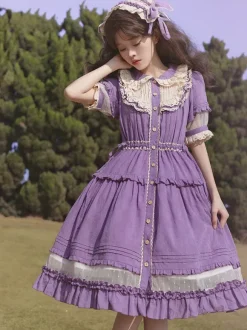 Sweet Lolita Dress Polyester Short Sleeves Pastoral Style Dress