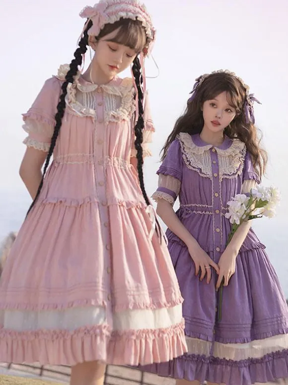 Sweet Lolita Dress Polyester Short Sleeves Pastoral Style Dress