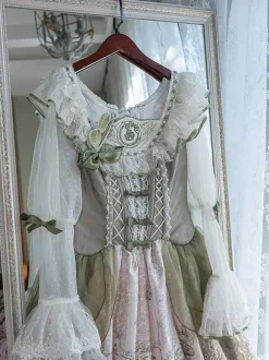 Sweet Lolita Dress Sage Green Long Sleeves Embroidered Bunny Pattern Classic Fairytale Dress Polyester Kawaii Fashion