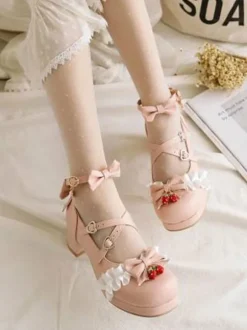 Sweet Lolita Footwear Bows Ruffles Strawberry Round Toe Leather Lolita Shoes