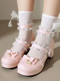 Sweet Lolita Footwear Pink Bows Round Toe PU Leather Lolita Pumps