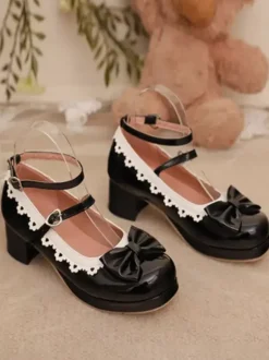 Sweet Lolita Footwear Red Color Block Bows Ruffles Round Toe PU Leather Lolita Pumps