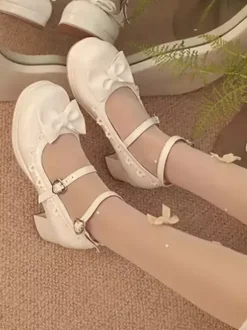 Sweet Lolita Footwear Red Color Block Bows Ruffles Round Toe PU Leather Lolita Pumps