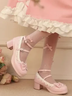 Sweet Lolita Footwear Red Color Block Bows Ruffles Round Toe PU Leather Lolita Pumps