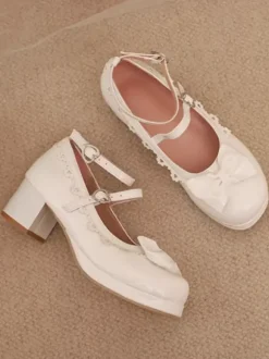 Sweet Lolita Footwear Red Color Block Bows Ruffles Round Toe PU Leather Lolita Pumps