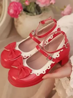 Sweet Lolita Footwear Red Color Block Bows Ruffles Round Toe PU Leather Lolita Pumps