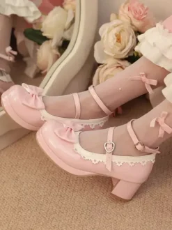 Sweet Lolita Footwear Red Color Block Bows Ruffles Round Toe PU Leather Lolita Pumps