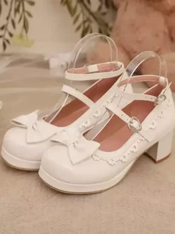 Sweet Lolita Footwear Red Color Block Bows Ruffles Round Toe PU Leather Lolita Pumps