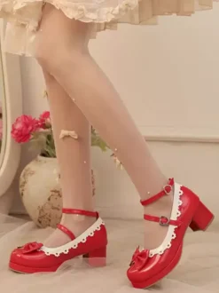 Sweet Lolita Footwear Red Color Block Bows Ruffles Round Toe PU Leather Lolita Pumps