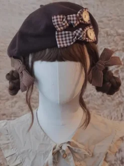 Sweet Lolita Hat Burgundy Accessory Plaid Polyester Lolita Accessories