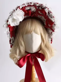 Sweet Lolita Hat Red Flowers Bows Lace Accessory Polyester Lolita Accessories