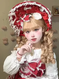 Sweet Lolita Hat Red Flowers Bows Lace Accessory Polyester Lolita Accessories