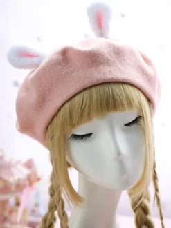 Sweet Lolita Hat Wool Pom Pom Bunny Ear Lolita Beret
