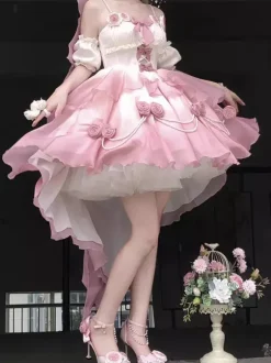 Sweet Lolita JSK Dress Flowers Bows Halter Neck Hem Front Cut-Out Train Dress