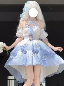Sweet Lolita JSK Dress Flowers Bows Halter Neck Hem Front Cut-Out Train Dress