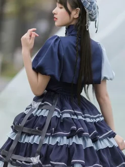 Sweet Lolita JSK Dress 2-Piece Set Blue Navy Two Tone Pattern Ruffles Jumper Skirt Overcoat Idol Lolita Dress