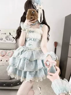 Sweet Lolita JSK Dress Ruffles Flower Short Light Sky Blue Lolita Dress