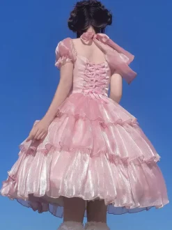 Sweet Lolita OP Dress Polyester Short Sleeves Ruffles Bows Pink Lolita One Piece Dress