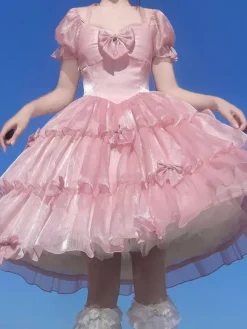 Sweet Lolita OP Dress Polyester Short Sleeves Ruffles Bows Pink Lolita One Piece Dress