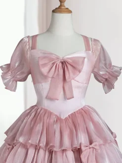 Sweet Lolita OP Dress Polyester Short Sleeves Ruffles Bows Pink Lolita One Piece Dress