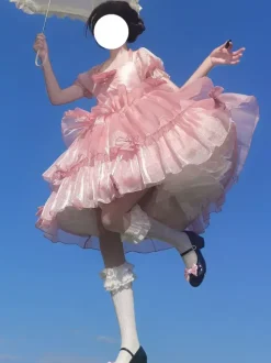 Sweet Lolita OP Dress Polyester Short Sleeves Ruffles Bows Pink Lolita One Piece Dress