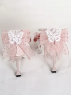 Sweet Lolita Sandals Bows Ruffles Rhinestones Pointed Toe Bow Elastic Fabric Pink Lolita Summer Shoes