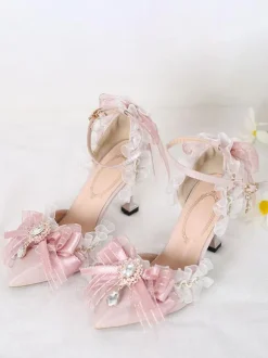 Sweet Lolita Sandals Bows Ruffles Rhinestones Pointed Toe Bow Elastic Fabric Pink Lolita Summer Shoes