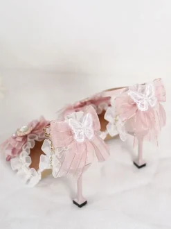 Sweet Lolita Sandals Bows Ruffles Rhinestones Pointed Toe Bow Elastic Fabric Pink Lolita Summer Shoes